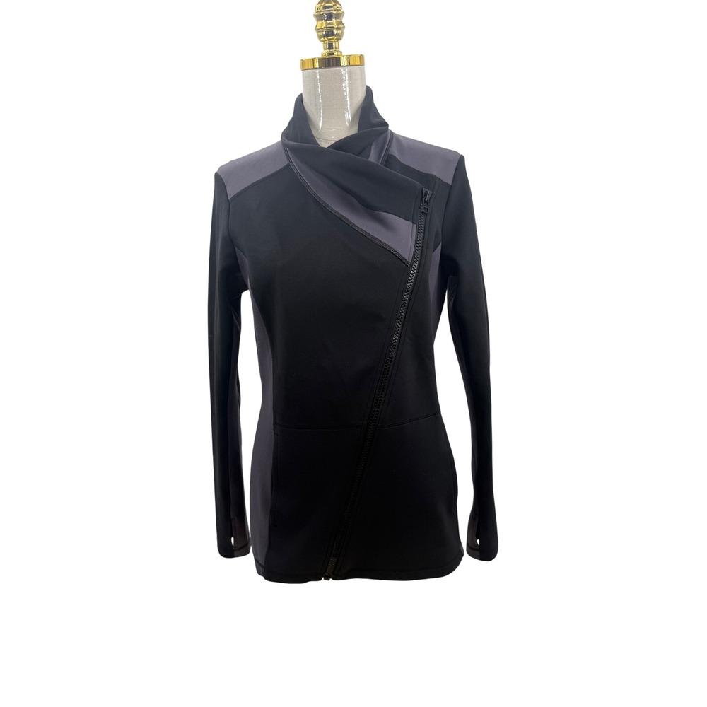 CAbi Pursuit Jacket Women M Black Grey Good Asymmetrical Zip Thumbhole 989